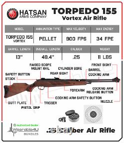 Hatsan Torpedo 155 Vortex. 25 Cal Air Rifle with Targets and Lead Pellets Bundle