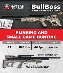 Carabine à air comprimé Hatsan BullBoss QE Cal. 22 avec lunette de visée + cibles + plombs + étui camouflage Timber