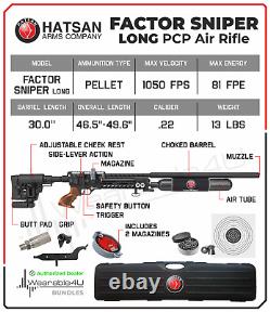 Carabine à air comprimé Hatsan Factor Sniper Long. 22 Cal PCP avec levier latéral, plombs et cibles.