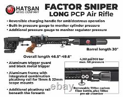 Carabine à air comprimé Hatsan Factor Sniper Long. 22 Cal PCP avec levier latéral, plombs et cibles.