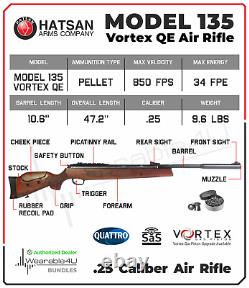 Carabine à air comprimé Hatsan MOD 135 Vortex QE Break Barrel. 25 Cal avec un lot de 150 plombs.