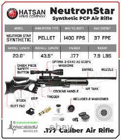Carabine à air comprimé PCP Hatsan NeutronStar Syn. 177 Cal QE avec lunette de visée, cibles et plombs.