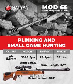 Fusil à air Hatsan Mod 65 à piston à ressort, calibre .22 avec lunette, plombs et cibles.