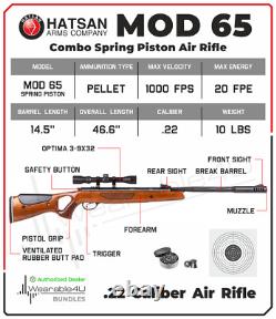 Fusil à air Hatsan Mod 65 à piston à ressort, calibre .22 avec lunette, plombs et cibles.