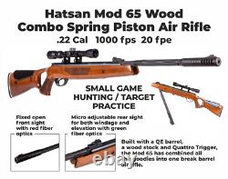 Fusil à air Hatsan Mod 65 à piston à ressort, calibre .22 avec lunette, plombs et cibles.