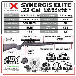 Fusil à air comprimé Umarex Synergis Elite à levier sous-jacent, calibre .22 avec cibles et plombs.