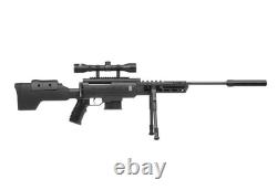 Fusil à air de calibre .22 pour nuisibles avec bipied et lunette. Carabine à plombs Barra Air 1000S.