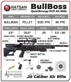 Hatsan BullBoss QE. 25 Cal PCP carabine à air comprimé avec lunette et cibles et paquet de plombs