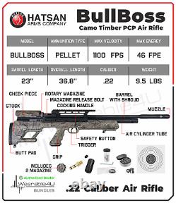 Hatsan Bullboss Timber Qe. 22 Cal Pcp Rifle D'air Latéral Avec Des Cibles Et Des Pellets