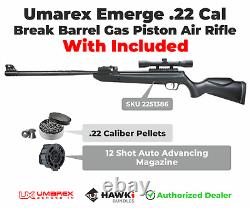 Umarex Emerge 12 Shot. 22 Cal Break Barrel Air Rifle with 250x Pellets Bundle translates to: Umarex Emerge Carabine à air comprimé à canon basculant calibre 22 avec 250x plombs en lot.